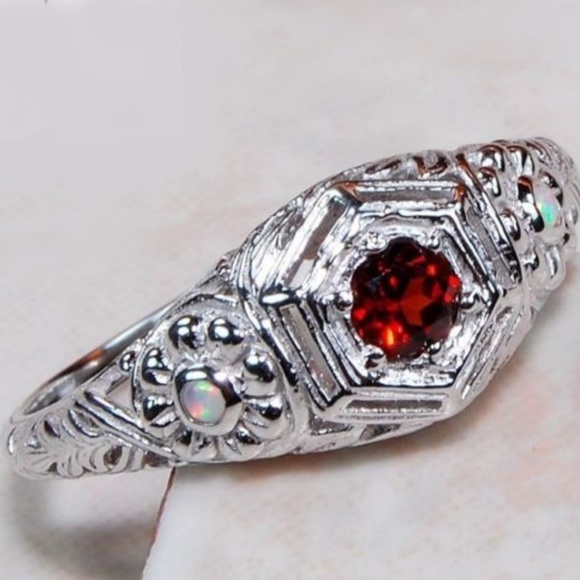 Fire Garnet and Opal .925 Silver Ring - Picture 1 of 2